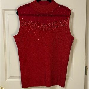 Elegant Red Sleeveless Sweater with Mesh & Sequin Neckline.